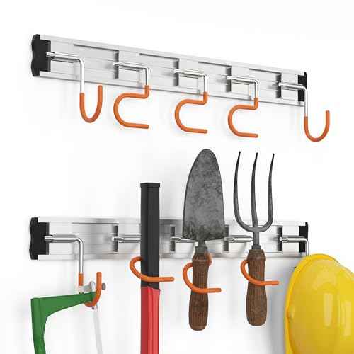 34.5'' Aluminum Alloy Garden Tool Organizer Wall Mount Garage Organizers and Storage with Hooks Tool Hangers for Shed Hooks for Shovel, Rake, Broom & More