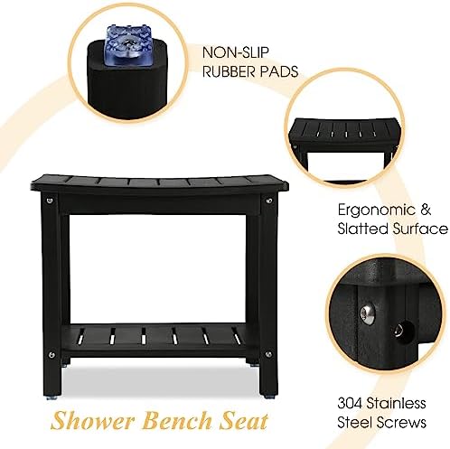 HDPE Shower Bench, Shower Stool with Storage Shelf 2-Tier Spa Stool for Inside Shower,Water Resistant & Non-Slip Design Shower Seat (Black L Size)