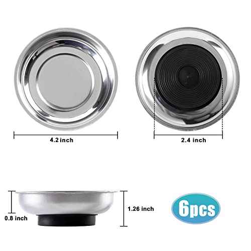 6 Pieces 4.2¡± Round Magnetic Bowl Trays Set Stainless Steel Magnet Tool Tray Parts Holder for Screws, Sockets, Bolts, Pins, Mechanic's and Automotive