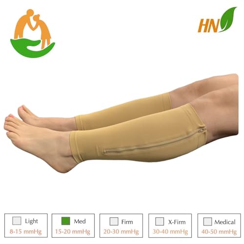 Seniors Care Footless 15-20 mmHg Compression Shin Calf Leg Men Women 1 Pair Zipper Sleeves (Nude, XX-Large)