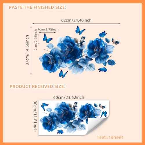 Blue Flower Wall Decals Peel and Stick Peony Floral Wall Sticker Decor Removable Peonies Bouquet Wall Murals with Butterflies for Girls Bedroom Living Room Bathroom Hallway Door Office Kids Nursery
