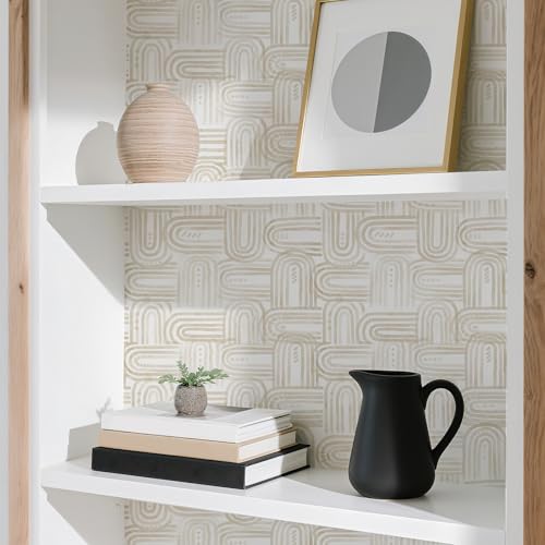 Beige Peel and Stick Wallpaper Boho Contact Paper 17.3"x120" Modern Geometric Abstract Wall Paper Removable Self Adhesive Wallpaper for Bedroom Bathroom Cabinet Decor Vinyl