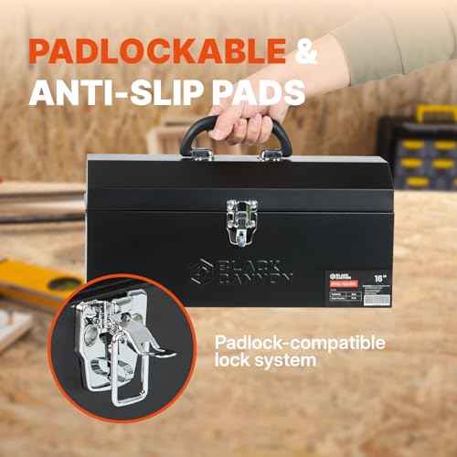 Black Canyon 16 Inch Tool Box, Metal Tool Box, Carbon Steel, Portable&Padlockable, 4 Non-Slip Foot Pads, Ideal for Trailer, Mechanic, DIY-ers, Car Toolbox, Workshops, Garages, Repair Shops