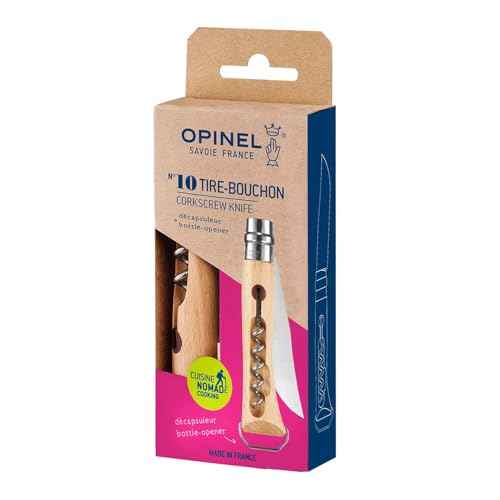 Opinel No. 10 Stainless Steel Corkscrew Wine and Cheese Folding Knife, Integrated Corkscrew + Bottle Opener, Beechwood Handle - Picnic Pocket Knife Made in France (Updated Version)