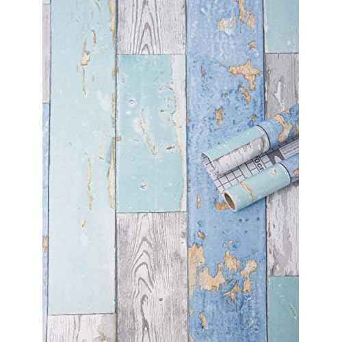 Art3d 17.7"x78.7" Peel and Stick Wallpaper - Decorative Self Adhesive Vinyl Film Wood Grain Wallpaper for Furniture Cabinet Countertop Shelf Paper, Blue Distressed Wood