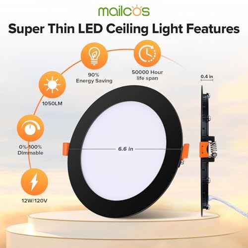 MAILCOS 12 Pack 6 Inch 5CCT Black Ultra-Thin LED Recessed Lighting with Junction Box, 2700K-5000K Selectable, 1050LM High Brightness, Dimmable Canless Wafer Downlight, 12W 120V, ETL