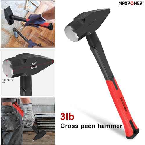 MAXPOWER 5-Piece Hammer Set - 3LB Sledge & Cross Peen, 500g Chipping, 32oz Ball Peen & 24oz Rubber Mallet