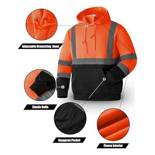 Ubon Hi Vis Hoodies for Men, High Visibility Hoodie Reflective Safety Sweatshirts Construction Workwear Black Bottom