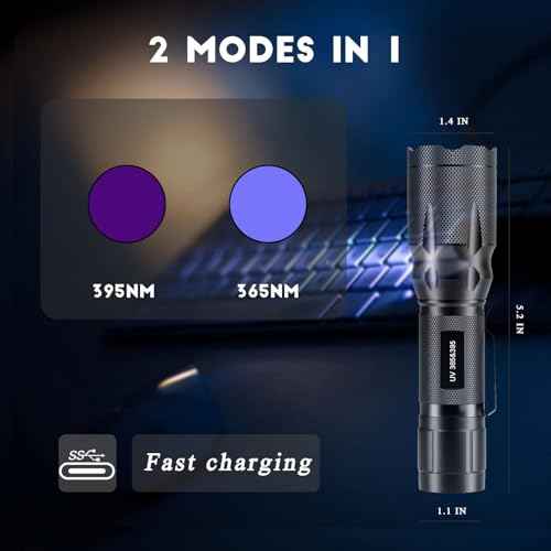 365nm/395nm Rechargeable Blacklight Flashlight, Dual-Mode for UV Glue Curing, Uranium Glass, AC Leak UV Dye Tracking, Portable Multi-Function