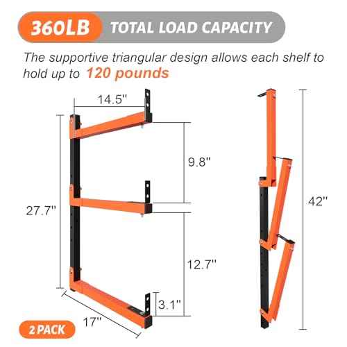27" Lengthened Lumber Storage Rack Wall Mount, 6-Hole Adjustable Wood Organizer Folding Lumber Storage Metal Rack Outdoor Indoor (2 Pack)