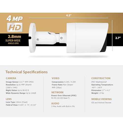 Marquis 4MP PoE IP Bullet Camera with Audio, IP Security Camera Outdoor Rated, Waterproof IP66, 108¡Æ Wide Angle 2.8mm Lens (Color Night) NDAA Compliant