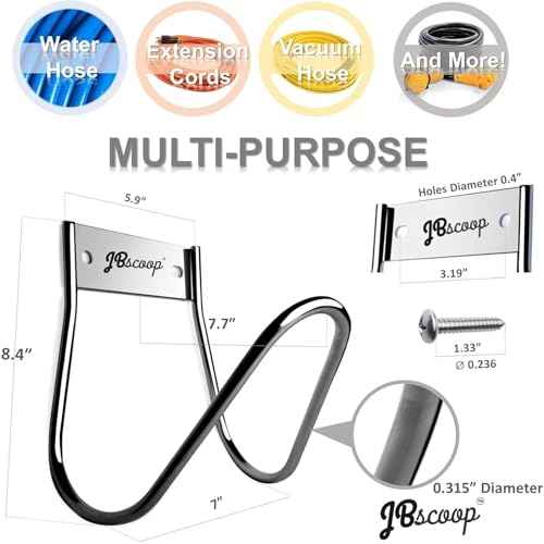 JBscoop Garden Hose Holder Stainless Steel Small Wall Mount Garden Hose Hook, Ideal for Water, Air, Hydraulic Hose, Ropes, Extension Cords Heavy Duty & Rust Proof Large Set of 2