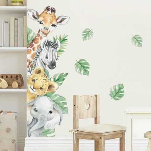 Supzone Jungle Animal Wall Stickers - Cartoon Animal Wall Decals with Giraffe, Zebra, Elephant & Green Leaves - Wall Art Stickers for Kids, Baby Nursery, Bedroom, Playroom & Kindergarten Decor