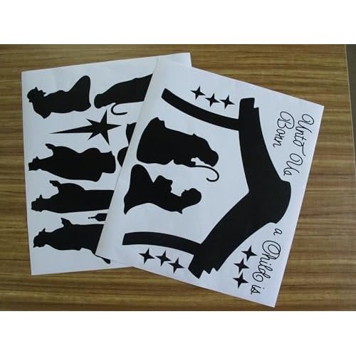 Large Christmas Nativity Scene Wall Decor Stickers Unto Us a Child is Born Nativity Vinyl Wall Decal - Christian Decor Mural YA296 (Black)
