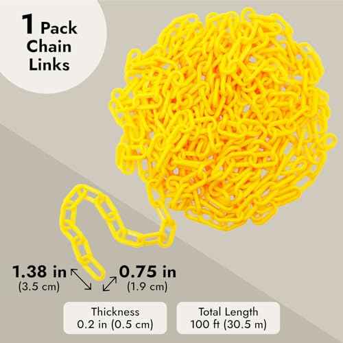 Stockroom Plus Yellow Plastic Chain Links - 1.5-Inch x 100-Foot - Plastic Safety Chain for Parking Lot Barrier & Driveways