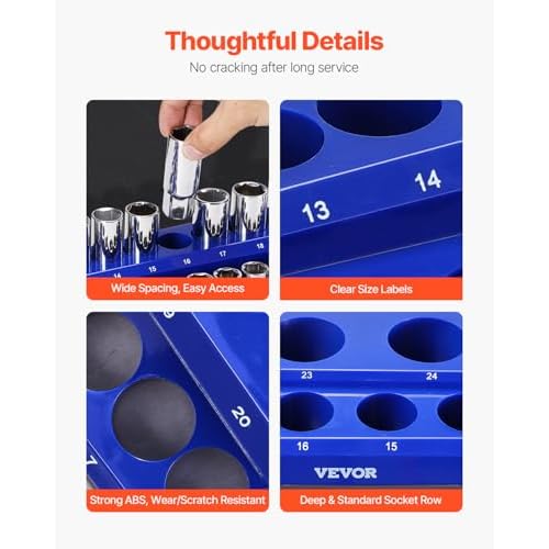 VEVOR 4PCS Magnetic Socket Holder, 1/4'' & 3/8'' Metric SAE Socket Trays with Clear Labels, Holds up to 108PCS Standard & Deep Sockets, Blue (Metric) & Red (SAE) Organizer Set