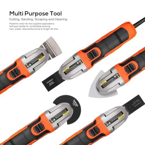 Oscillating Tool, 1.5A Oscillating Multi Tool with 3¡Æ Oscillation Angle, 12pvs Accessory: 3 Saw Blades, Semi-Circle Blade, Sanding Plate, 6 Sanding Papers for Cutting, Grinding, Sanding
