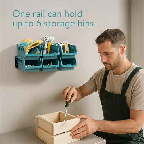 Navaris Storage Bins - Interlocking Plastic Van Boxes - Wall Mounted Compartments for Screws Nails Small Tool Parts - Workshop, Garage, Drawer Shed Bolt Organizer - 3 Bins & 1 Rail