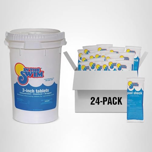 In The Swim Chlorine and Shock Bundle for Sanitizing Swimming Pools – Includes 50 Pound Bucket of 3 Inch Stabilized Chlorine Tablets and 24 x 1 Pound Bags of 68% Cal-Hypo Pool Shock
