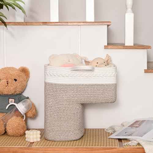 Woven Stair Basket, Stair Baskets for Wooden Stairs, Carpeted Stairs Storage Basket with Handles, Staircase Baskets for Toys, Books, Brown, 15¡± L x 10¡± W x 15¡± H