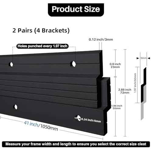 Black French Cleat Hanger 41 inch - 2 Pairs Heavy Duty Aluminum Alloy Z Bar Clips Picture Hanging Kit Wall Mounting 500 lbs Load Interlocking Brackets Mirror Hanging Hardware Frame Hanger