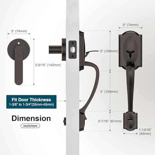 Front Door Handle No Lock, Entry Door Handle Exterior with Interior Reversible Handle Lever, Lower Half Grip, Single Cylinder, Door Handle Sets for Right Left Handed Door, Oil Rubbed Bronze