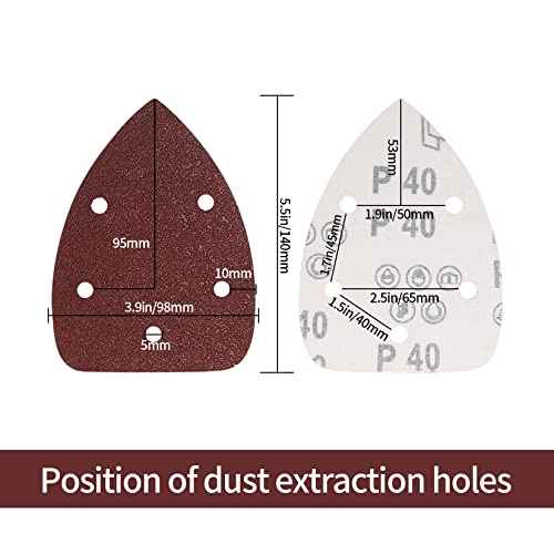 50 Pcs Mouse Detail Sander Sandpaper, 40/80/120/180/240 Grit Hook and Loop 140mm Mouse Sander Pads, Sander Replacement Pads, Assorted Triangle Sandpaper for Detail Mouse Sander