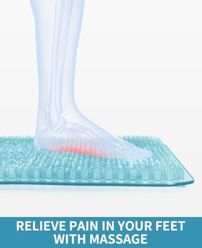 Yolife Shower Foot Scrubber Mat, Anti-Slip Bath Mat with Scrub Bristles, Soft Shower Foot Massager with Strong Suction Cups for Soothe Achy Feet, 25.6" x 13.4"