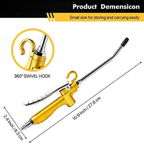 High Volume Industrial Air Blow Gun with Rubber Guard Air Flow Nozzle, Professional Gold Paint Metal Air Blower Gun, Pneumatic Dust Cleaning Tool for Air Compressor Accessories