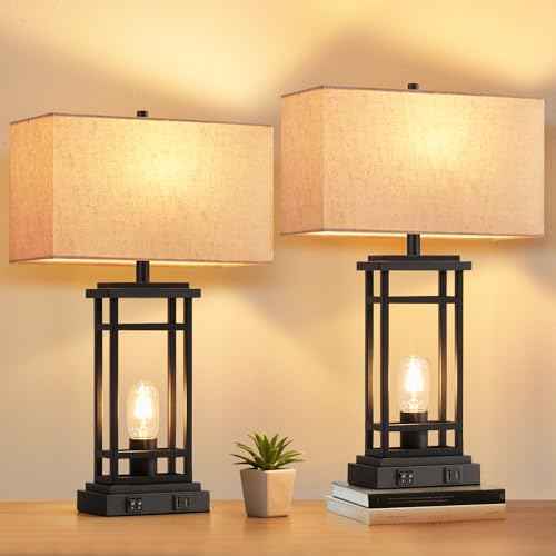 Table Lamp, Set of 2 Modern Bedside Lamps Desk Lamp with Night Light and USB C+A Charging Port Lamps for Night Stands Bedroom Living Room Home Office
