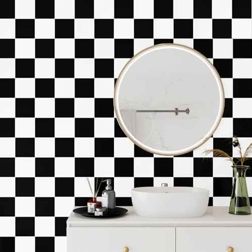 Black/White Checkered Wallpaper Peel and Stick Modern Geometric Wallpaper Self Adhesive Checkered Contact Paper for Bedroom Accent Wall Countertops Cabinets DresserParty Decoration 12"x120"