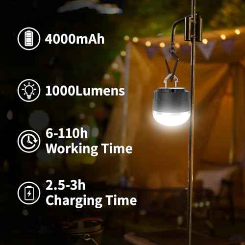 LED Camping Lantern Rechargeable, 1000LM Portable Tent Light with 12 RGB Lighting Modes, Power Bank, Waterproof, Mini Flashlight with Magnetic Base for Emergency, Power Outages, Hiking, Home