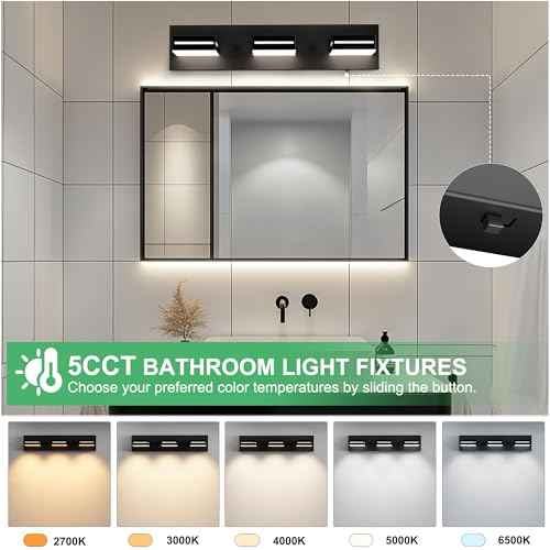 Sailstar LED Modern Bathroom Vanity Light Fixture, 5CCT 24W 3-Light Bathroom Lighting Fixtures Over Mirror, Dimmable Acrylic Vanity lights with Rotatable Heads, 20" Matte Black Bath Room for Over Sink