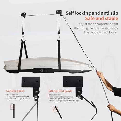 SYDSZ Cargo Box Ceiling Hoist ? Garage Pulley Lift System for Rooftop Cargo Carrier Fits Garage or Shed with 200lb Capacity for Roof Luggage Frame or Kayak, Canoe or Bicycles