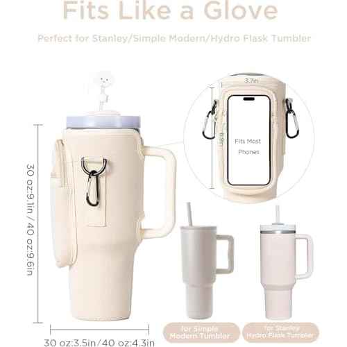 dabria Water Bottle Carrier Bag with Phone Pocket for Stanley 40/30 oz Tumbler Neoprene Water Bottle Holder Pouch with Adjustable Strap Bollus with Straw Cover & Carabiner for Stanley Cup Accessories