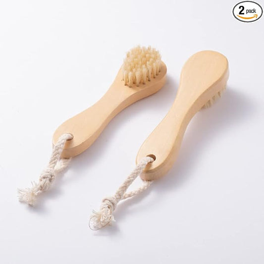 2 Pack Wood Handle Manual Face Facial Cleansing Brush, 5.7Ã¢ÂÂ Natural Boar Bristles Skin Care Exfoliating Scrub Brush.