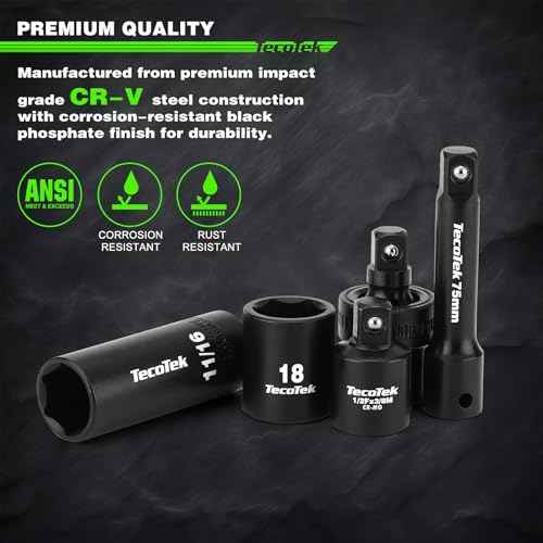 3/8" Drive Impact Socket Set, 49-Piece SAE (5/16"-3/4") and Metric (8mm-22mm), 6 Point, Cr-V, Extension Bars, 1/2" F to 3/8" M Reducer, Universal Joint and Power Drill Adapter