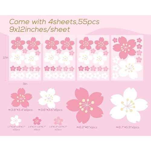 FLFK 55 Pcs Cherry Blossoms Wall Decals Peel and Stick Flower Wall Stickers for Nursery Living Room Bedroom Girls Room Home Decor