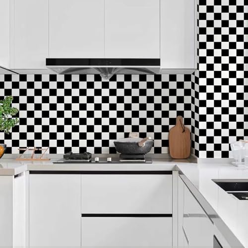 Kitico Black and White Checkered Peel and Stick Wallpaper? Waterproof Removable Vinyl Contact Paper Peel and Stick ? Renter Friendly Bathroom Wallpaper