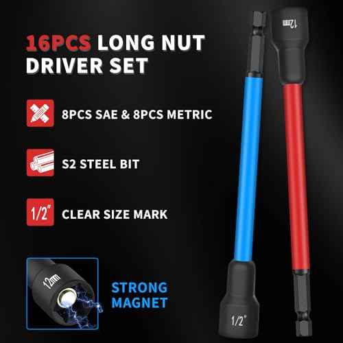 XOOL 16 PCS Long Magnetic Nut Driver Set, 6" Metric & SAE Nut Driver Bit Set for 1/4" Quick-Change Hex Shank, Impact Drill, with Mini Ratchet Wrench & Storage Bag