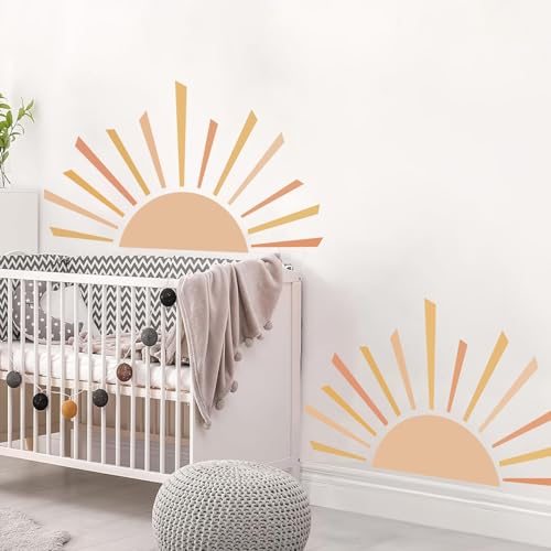 Large Half Sun Decor Nursery Wall Decal, 34"x59" Sunshine Stickers, Boho Wall Decals, Vinyl Peel and Stick Wall Stickers for Kids Bedroom Playroom Classroom Nursery Decor