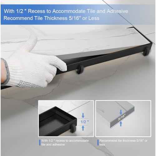 24-Inch Linear Shower Drain with Tile Insert Grate, SUS 304 Stainless Steel Linear Drain, Matte Black Long Rectangle Shower Floor Drain with Leveling Feet, Hair Strainer, Fits Bathroom