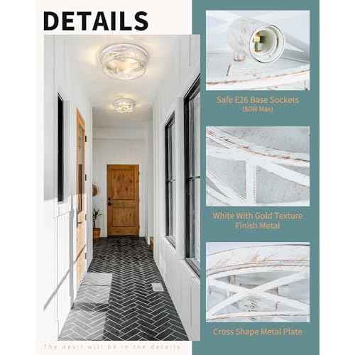 2 Pack Close to Ceiling Light Fixtures, 3-Lights Cage Flush Mount Ceiling Light, 13 Inch White and Gold Semi Flush Mount Ceiling Light for House Bedroom Laundry Hallway Kitchen