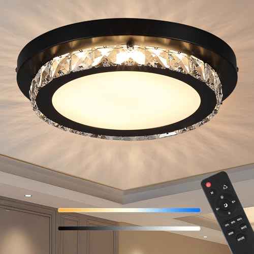 Dimmable LED Flush Mount Ceiling Light Fixture with Remote Control,12Inch 24W 3000K-6500K Color Adjustable,Modern Black Crystal Flush Mount Chandelier Ceiling Lamp for Bedroom Kitchen