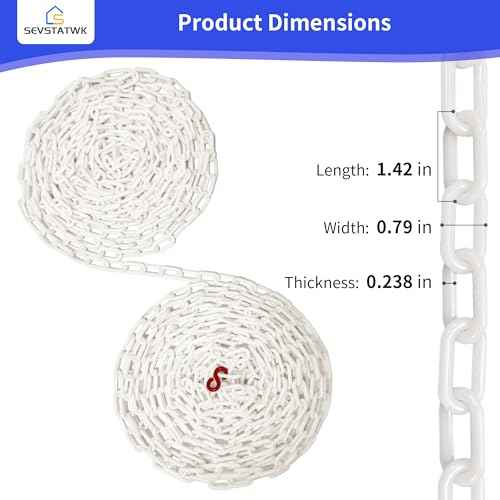 White Plastic Chain 50ft, 1.42" Link, High Visibility Plastic Chain Barrier for Crowd Control, Parking Lot, Driveway, Construction, Fence, Indoor & Outdoor