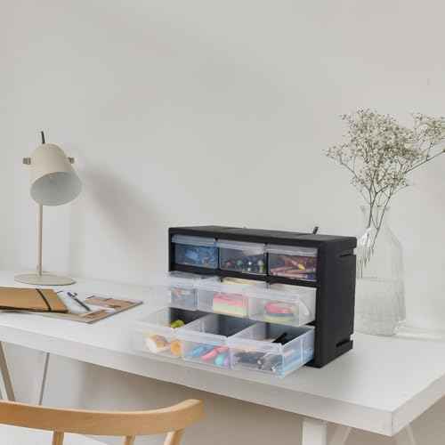 Small Parts Drawer Cabinet, 9 Drawer Desktop Storage Cabinet, Plastic Storage Drawers for Crafts Set of 1, Black