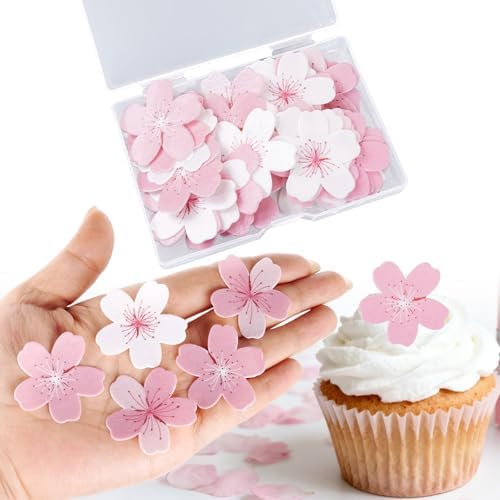 60 Pcs Cherry Blossom Cake Toppers, Paper Pink Flowers Cupcake Decorations for Wedding Baby Shower Birthday Party Food Supplies