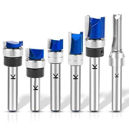 6Pcs Pattern Flush Trim Router Bits 1/4 Inch Shank, Carbide Tipped Template Top Bearing Flush Trim Cut Router bit Set, Pattern and Mortising Trim Router Bit for Wood Trimming
