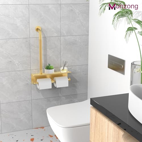 Bathroom Grab Bar w/Toilet Tissue Roll Holder, Gold 3 in 1 Double Toilet Paper Holders w/Storage Shelf, Anti Slip Stainless Steel Safety Hand Rail Support Handicap Elderly Senior Assist Bath Handle