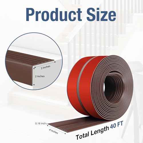 Stair Edge Trim Self Adhesive Vinyl Stair Nosing Molding Trim Non-Slip Rubber Nose Protector Peel and Stick Anti-Slip Edging for Indoor & Outdoor Use (Brown, 4 in x 40 Ft)